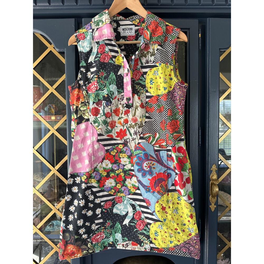 Moschino Jeans Patchwork Heart Print Mini Dress Multicolor IT 46 US 12 8 - Picture 2 of 9